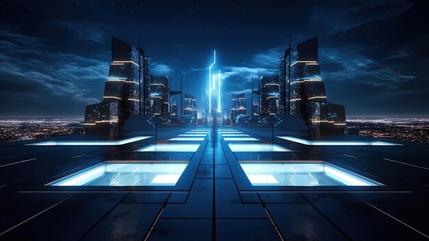 Illuminated rooftop futuristic modern architecture and empty floor created with generative ai