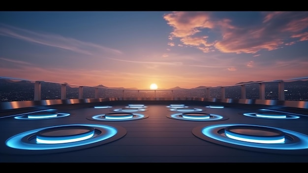 Illuminated rooftop futuristic modern architecture and empty floor created with generative ai