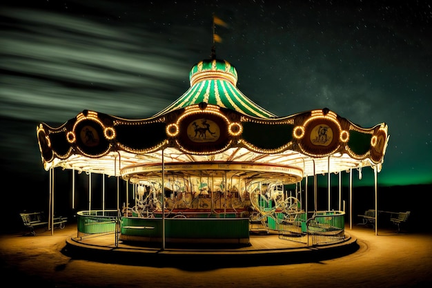 Illuminated rotating carousel in evening amusement park