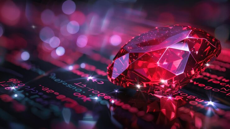 Photo illuminated ruby stone symbolizing ruby on rails set against a dynamic byte code backdrop emphasizing cuttingedge web development tools