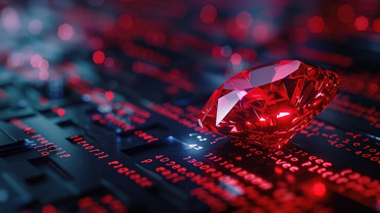 Photo illuminated ruby stone symbolizing ruby on rails set against a dynamic byte code backdrop emphasizing cuttingedge web development tools