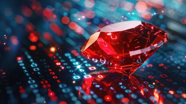 Освещенный рубинный камень, символизирующий Ruby on Rails, установленный на фоне динамического байтового кода, подчеркивающего передовые инструменты веб-разработки