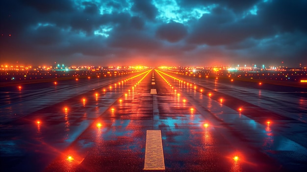 Illuminated runway at night with vibrant sky and reflective rain