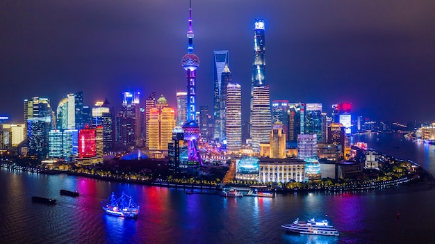 illuminated Shanghai city skyline at night