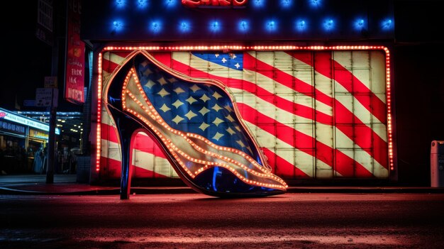 Illuminated Shoe in Front of Building