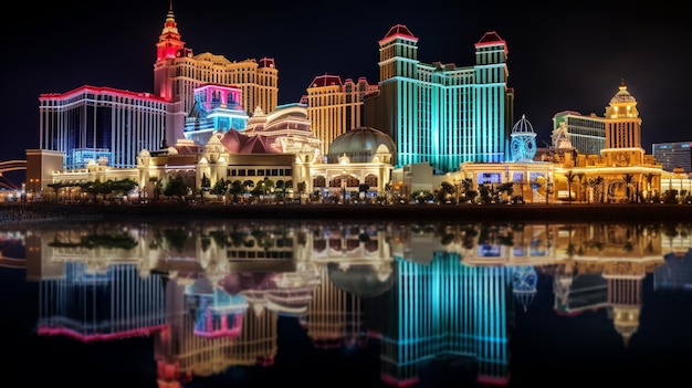 Illuminated skyline glows over crowded waterfront casino