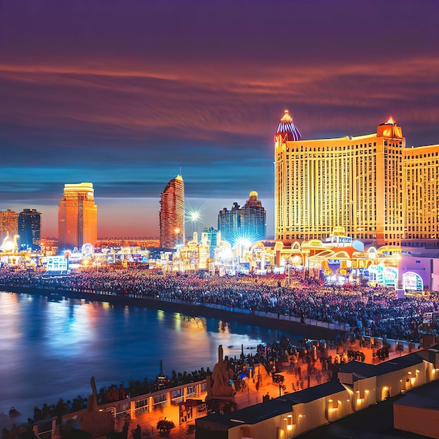 Illuminated skyline glows over crowded waterfront casino
