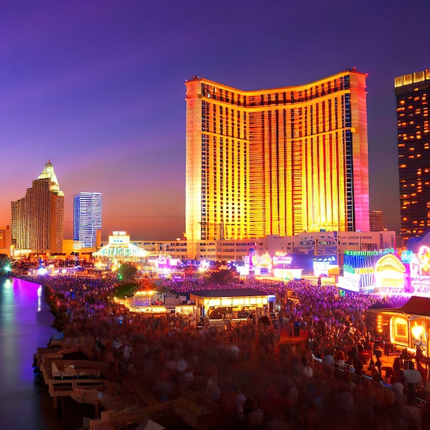 Illuminated skyline glows over crowded waterfront casino