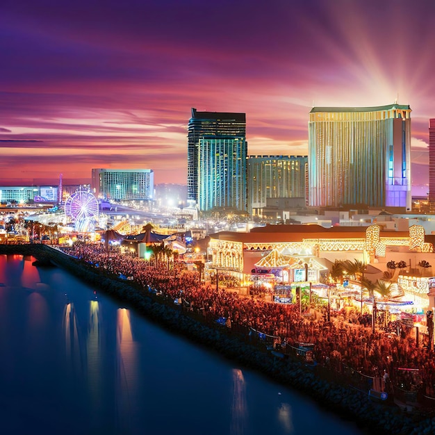 Illuminated skyline glows over crowded waterfront casino