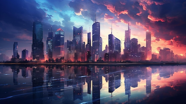 Foto grattacieli illuminati brillano nello skyline della città al crepuscolo