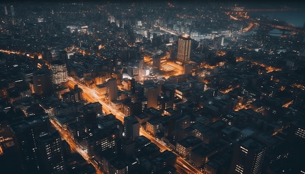 ライトアップされた超高層ビルが、AI によって生成された街のスカイラインを照らします