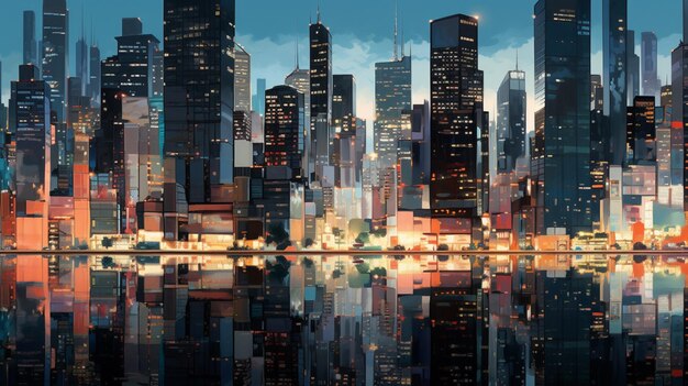 Illuminated skyscrapers reflect city life at twilight