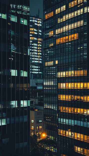 Photo illuminated skyscrapers at reflecting in water