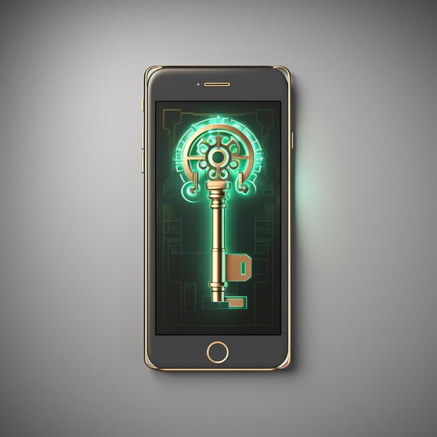 Photo illuminated smartphone with key concept on arial grey background