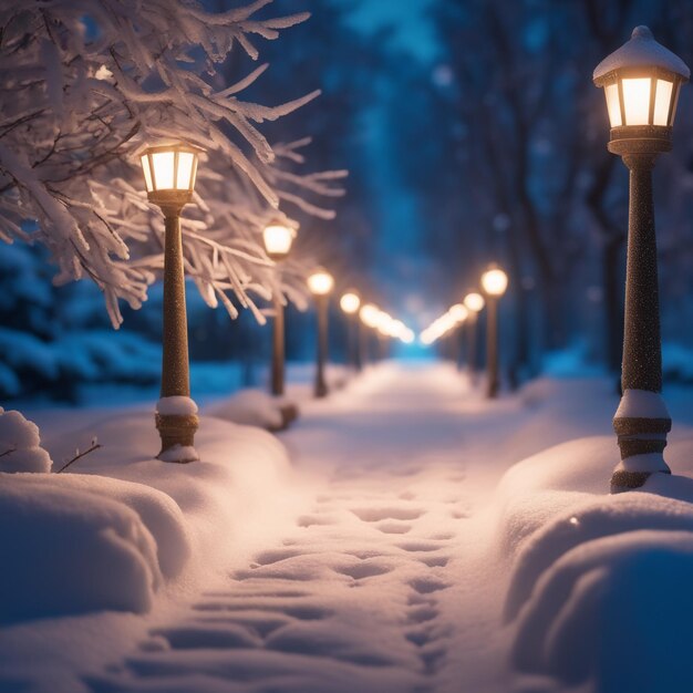 写真 寒い冬の夜の背景に公園のライトアップされた雪の小道