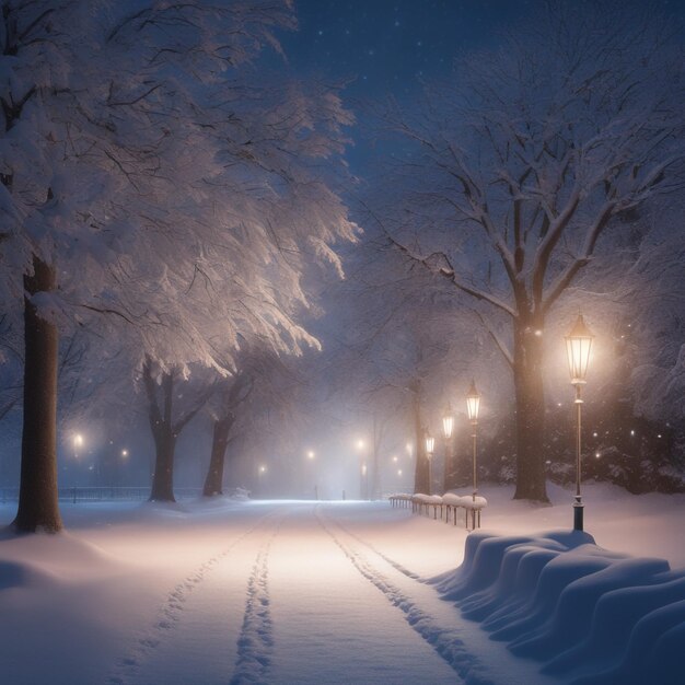 Foto sentiero innevato illuminato in un parco su uno sfondo di una fredda notte invernale