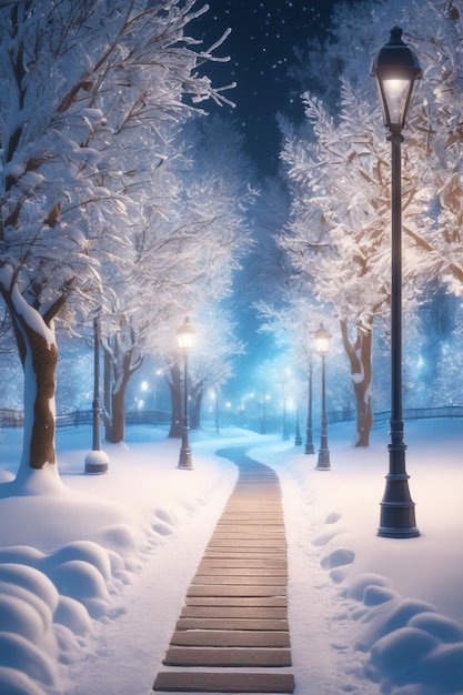 illuminated snowy pathway in a park on a cold winter night background