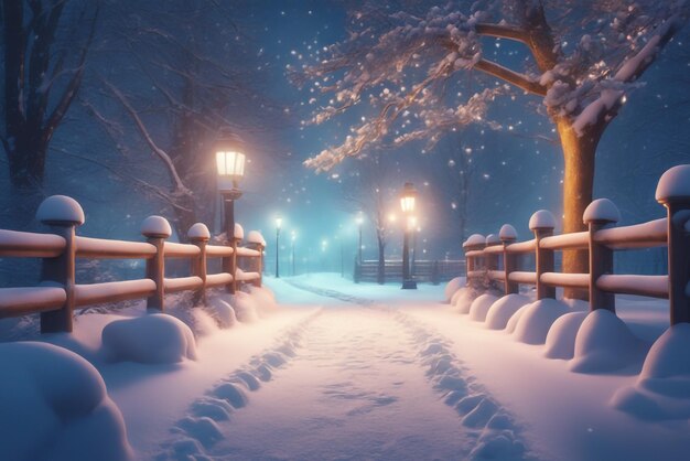 Photo illuminated snowy pathway in a park on a cold winter night background