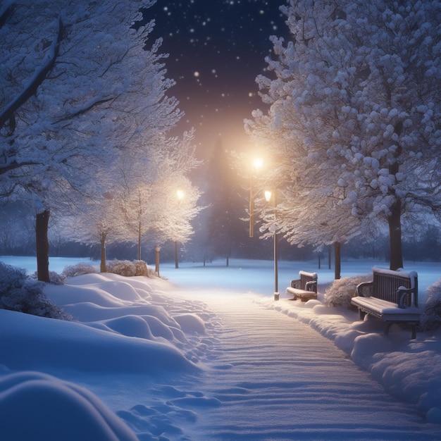 寒い冬の夜の背景に公園のライトアップされた雪の小道