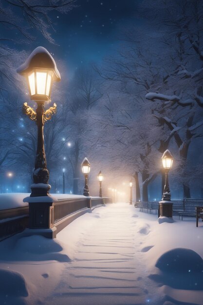 寒い冬の夜の背景に公園のライトアップされた雪の小道