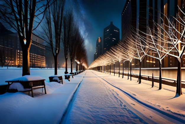 Photo illuminated snowy pathway in a park on a cold winter night high resolution realistic look ultra hd