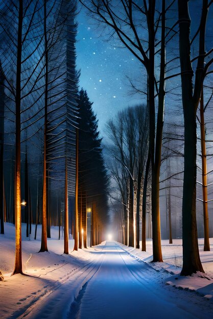 illuminated snowy pathway in a park on a cold winter night High Resolution Realistic look Ultra HD