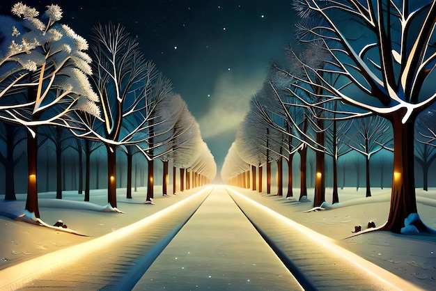 Photo illuminated snowy pathway in a park on a cold winter night high resolution realistic look ultra hd