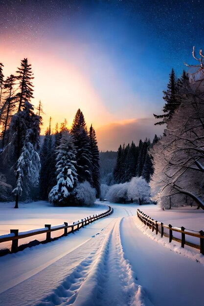 Foto sentiero innevato illuminato in un parco in una fredda notte invernale aspetto realistico ad alta risoluzione ultra hd