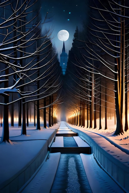 Illuminated snowy pathway in a park on a cold winter night high resolution realistic look ultra hd