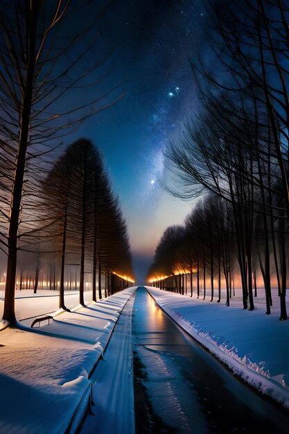 освещенная заснеженная тропа в парке холодной зимней ночью Высокое разрешение Реалистичный вид Ultra HD