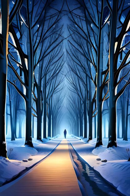 Foto sentiero innevato illuminato in un parco in una fredda notte invernale aspetto realistico ad alta risoluzione ultra hd