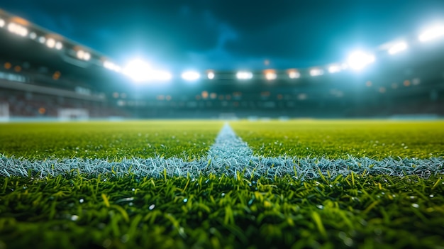 Освещенное футбольное поле с пышной травой