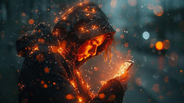 Illuminated Solitude Person in Hooded Jacket Engrossed in Glowing Smartphone on Wintry Night