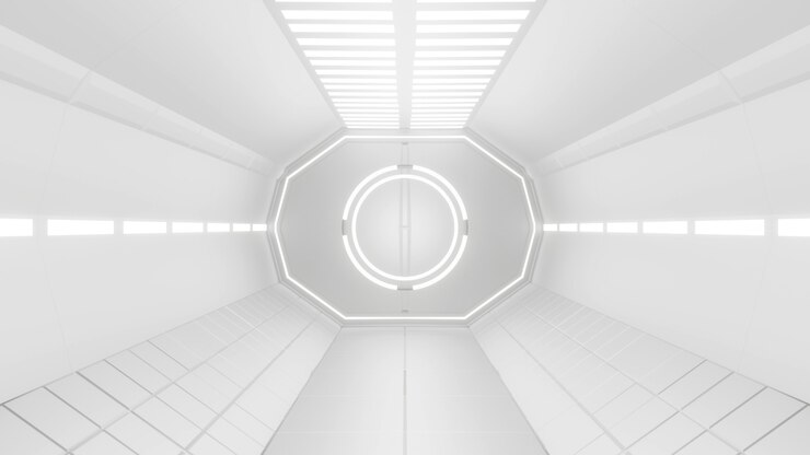 Photo 조명 된 우주선 터널 복도 3d 렌더링