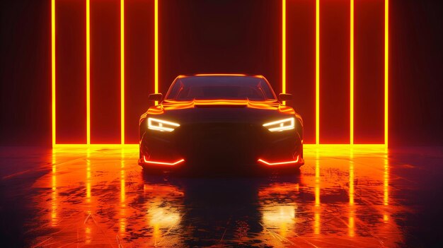 Illuminated sports car showcased at night with vibrant neon lights