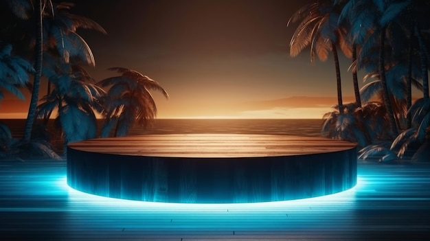 Illuminated stage background for product presentation mock ups with tropical ocean Generative ai