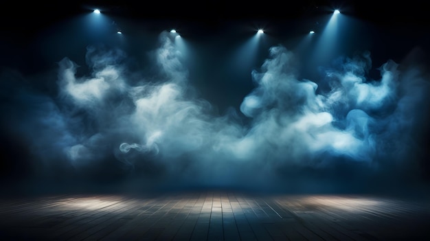 Illuminated stage with lights and smoke and copy space