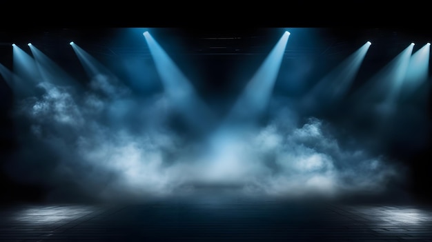 Illuminated stage with lights and smoke and copy space