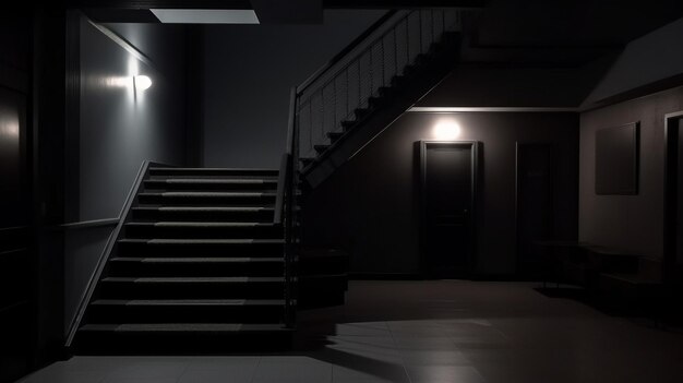 Illuminated stairs in empty corridor Generative AI