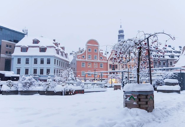 Illuminated street in the city Christmas decorations in the old town Riga Latvia