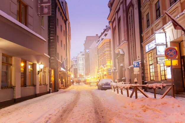 Illuminated street in the city Christmas decorations in the old town Riga Latvia