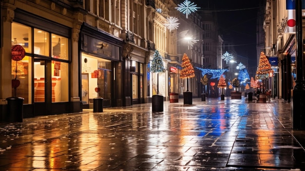 illuminated street in the heart of the city on New Year's Day