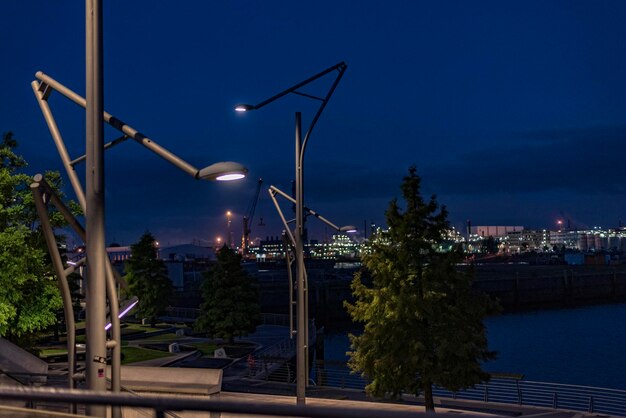 Illuminated street lights against sky at night