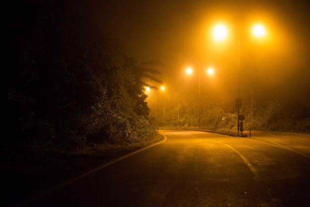Illuminated street lights amidst empty roads at night