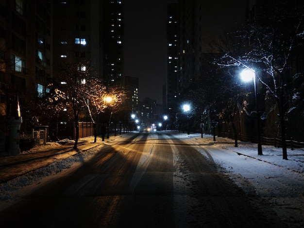 Illuminated street lights at night