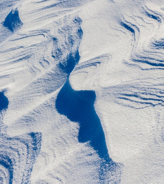 雪の表面が照らされ、表面の一部が影になっています。冬の雪の吹きだまり