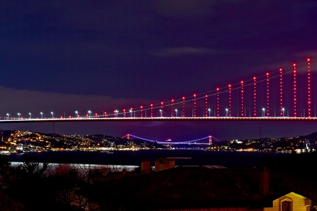 Illuminated suspension bridge at night