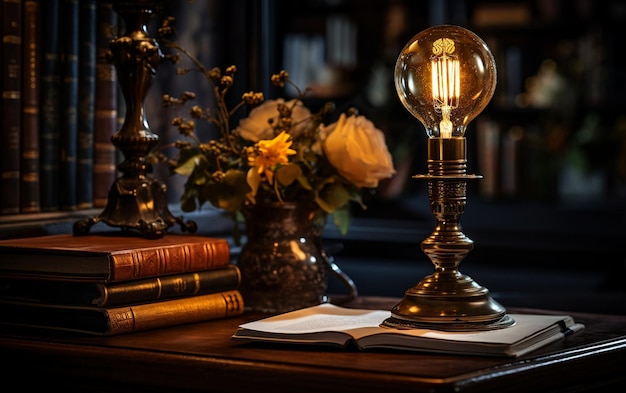 An illuminated table with a book and a lamp