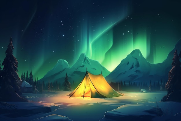 Illuminated tent aurora green Generate Ai