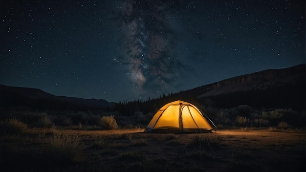 별빛 하늘 아래의 조명된 텐트